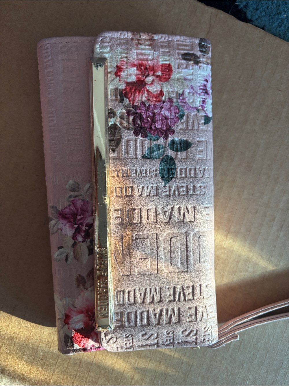 Steve Madden Pink Floral Wristlet Wallet with Gold Accent